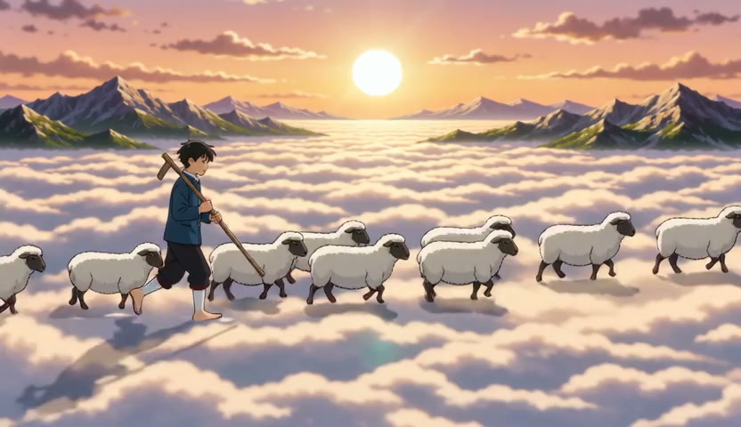 wan-2.2 / 14b / multi-scene example: Cloud shepherd → Sheep rescue freefall → Cloud whale save → Flute lullaby (5 scenes)