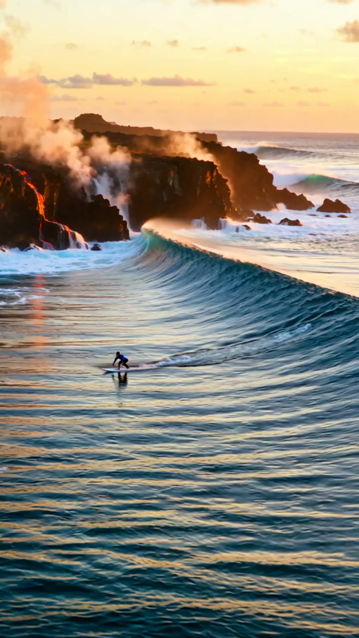 wan-2.2 / 14b / multi-scene example: Dawn paddle out → Barrel ride → Inside the tube → Rainbow exit → Whale breach at sunrise (5 scenes, 720p)