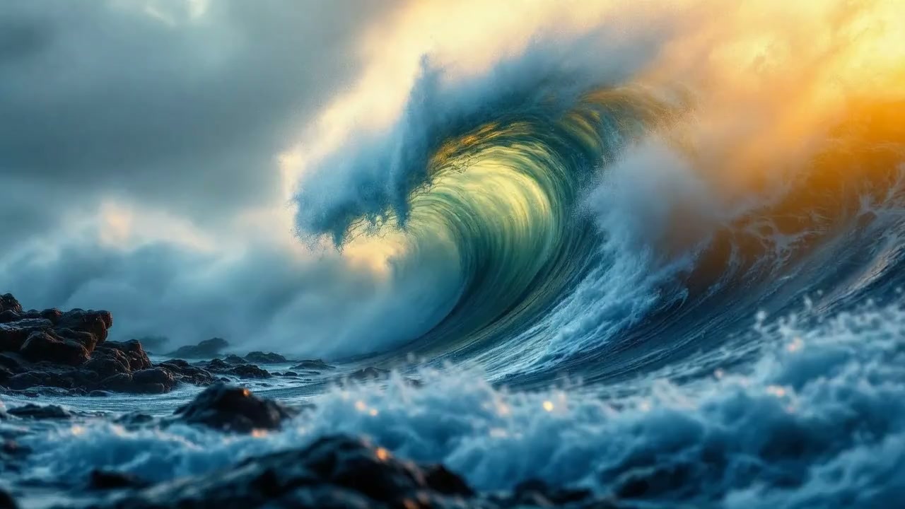 wan-2.2 / 14b / image-to-video example: Towering wave crashes with explosive force, spray erupts into golden sunset light, dramatic slow-motion impact.