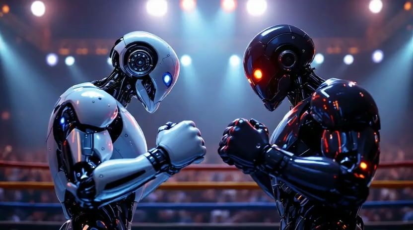 wan-2.2 / 14b / image-to-video example: Two distinct humanoid robots fighting in a boxing ring, sparks flying from each blocked hit.