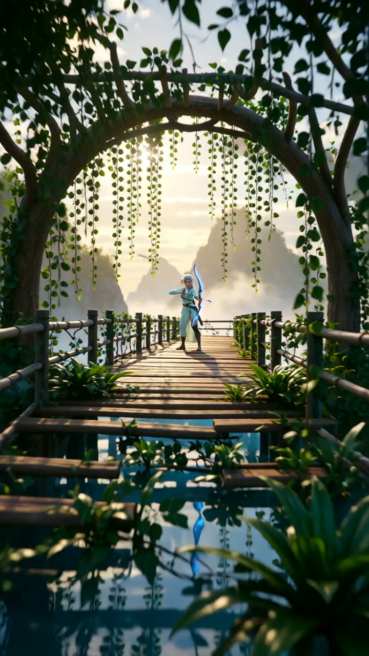 wan-2.2 / 14b / text-to-video example: In a 3D game scene, a silver-haired elven archer draws her bow on a vine bridge of a floating island, firing an arrow trailing blue magic through the clouds.