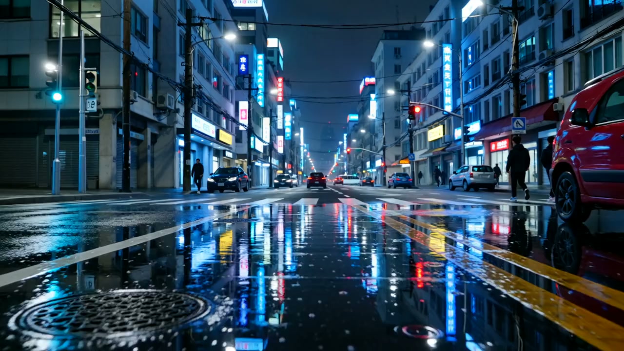 wan-2.2 / 14b / text-to-video example: A rain-soaked neon-lit Tokyo street at night, reflections on wet asphalt, slow dolly forward, cyberpunk aesthetic