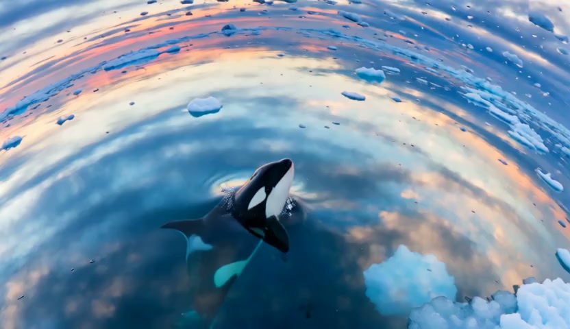 wan-2.2 / 14b / text-to-video example: An orca breaches in crystal-clear Arctic waters. Slow 360° orbital shot around the soaring whale as droplets hang suspended.