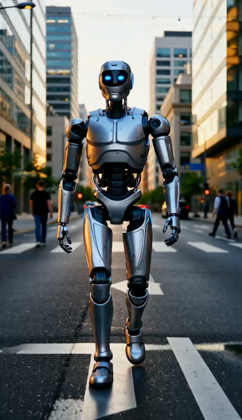 wan-2.2 / 14b / text-to-video example: An anthropomorphic metal robot walks down a busy city street at sunset, with towering glass-walled buildings bathed in the afterglow.